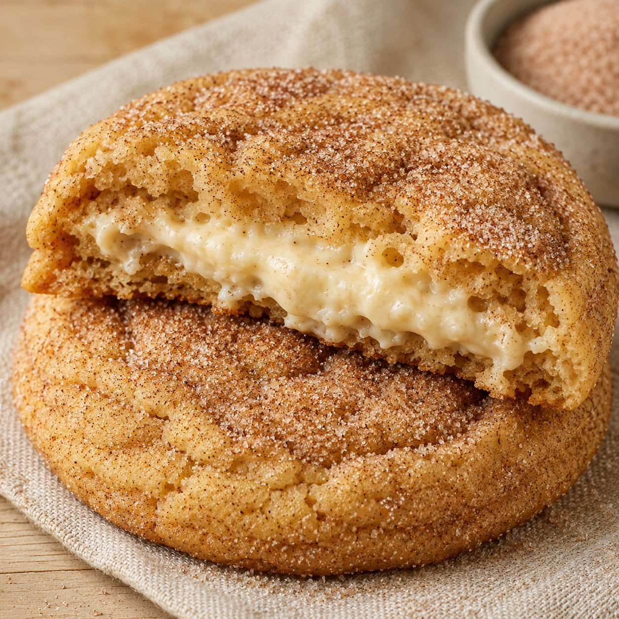 Churro cheesecake cookie coated in cinnamon sugar with creamy center visible