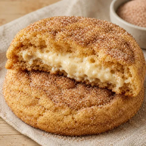 Churro cheesecake cookie coated in cinnamon sugar with creamy center visible