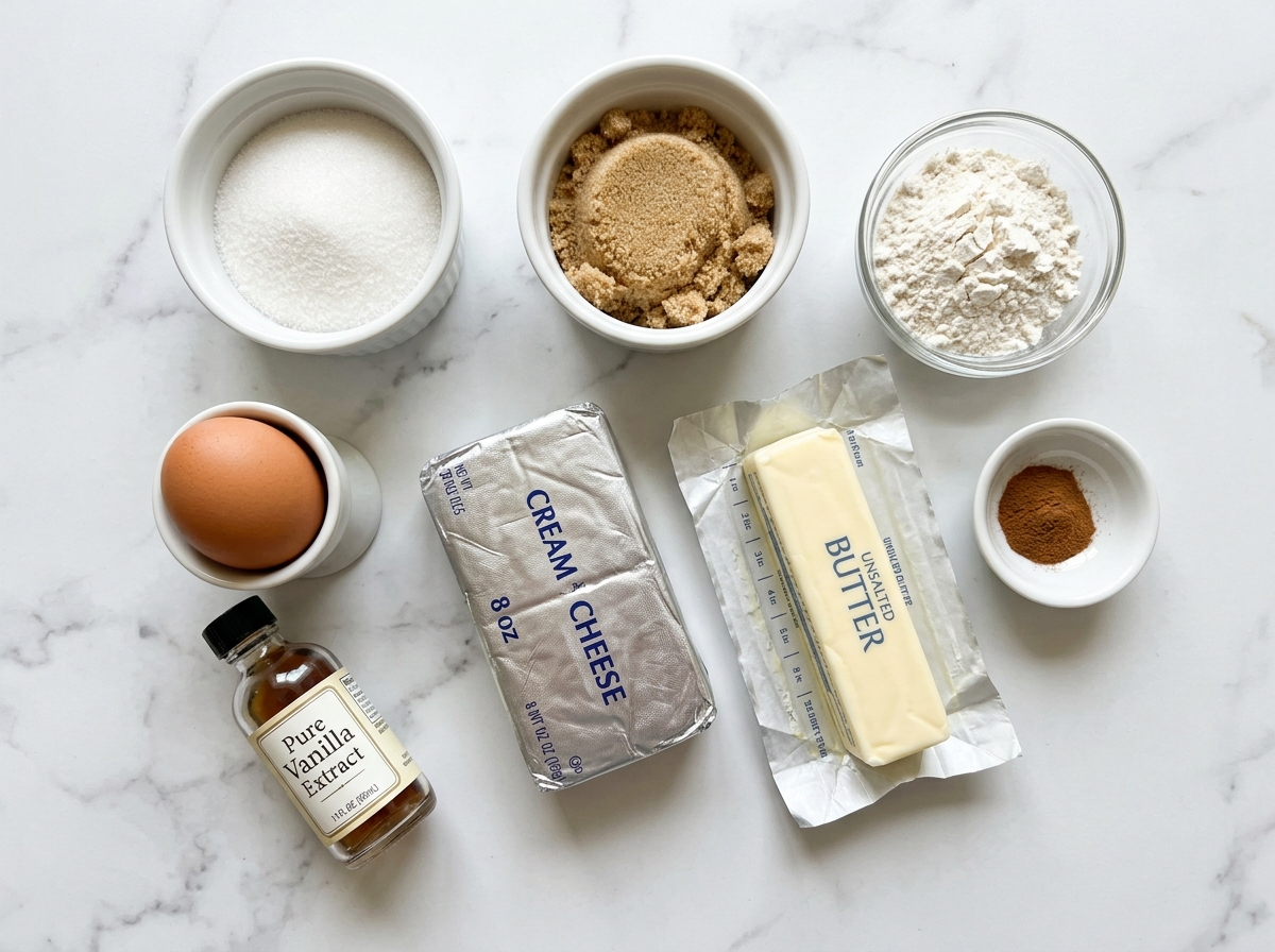 Raw ingredients for churro cheesecake cookies on marble counter