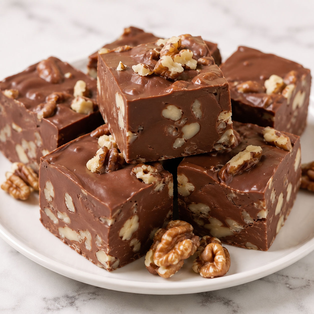 Chocolate Fantasy Fudge squares with walnuts on a white platter