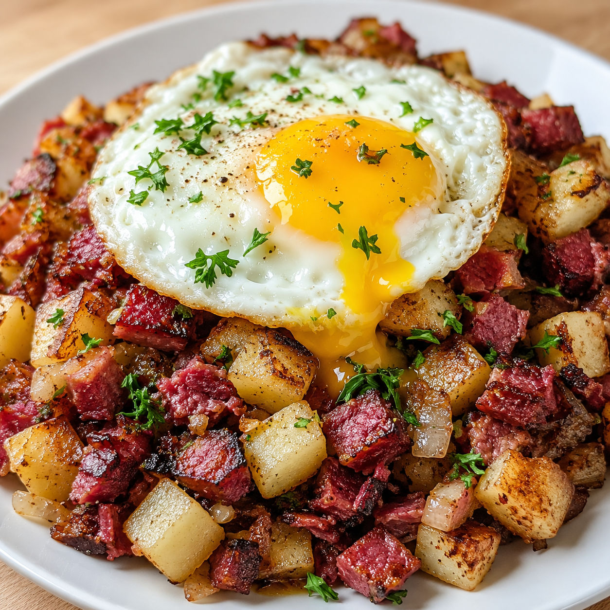 Crispy corned beef hash with a fried egg and parsley on a wooden table