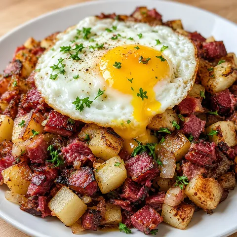 Crispy corned beef hash with a fried egg and parsley on a wooden table