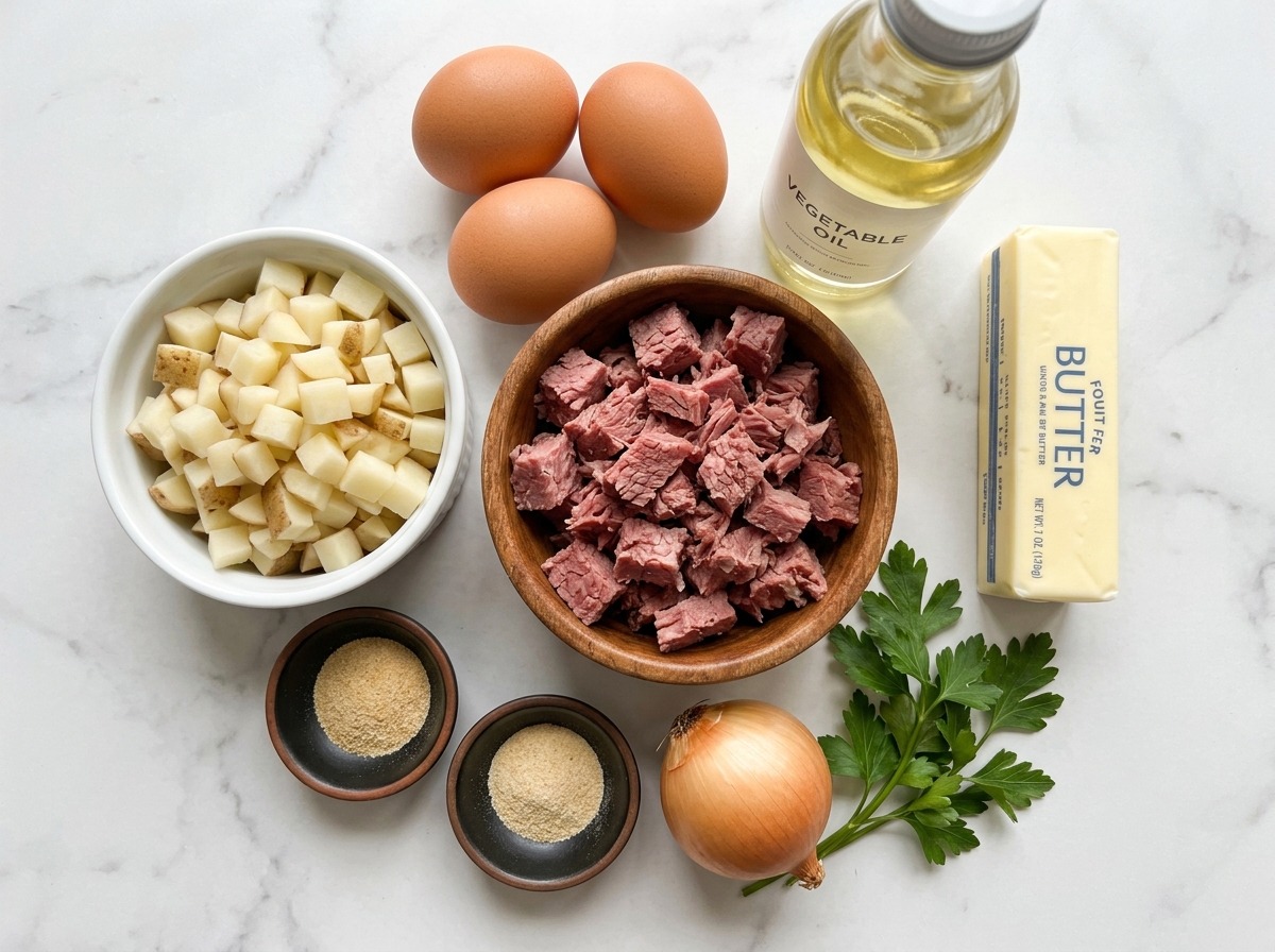 Raw ingredients for corned beef hash including potatoes, onion, and corned beef