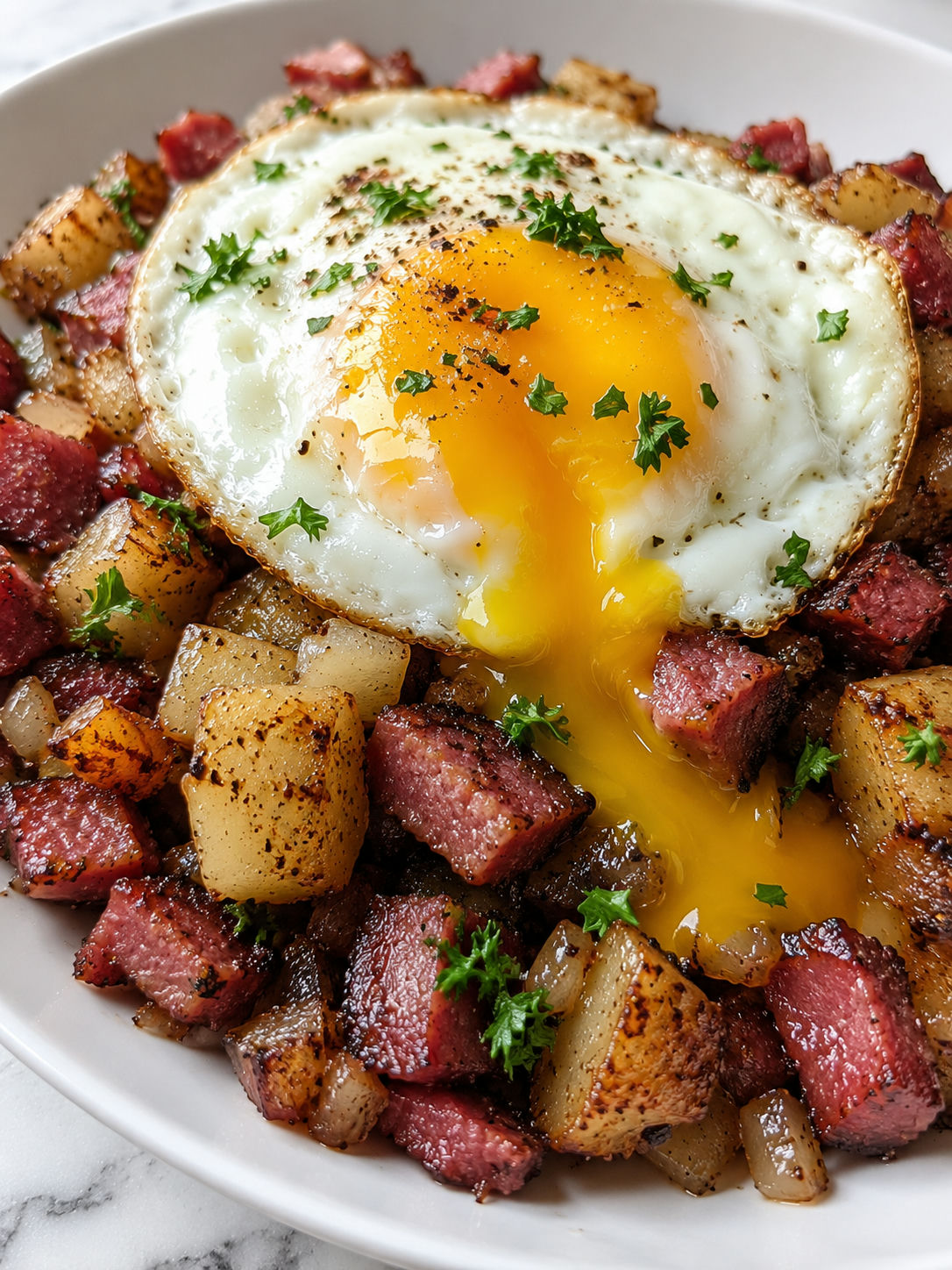 Delicious Corned Beef Hash, plated and served