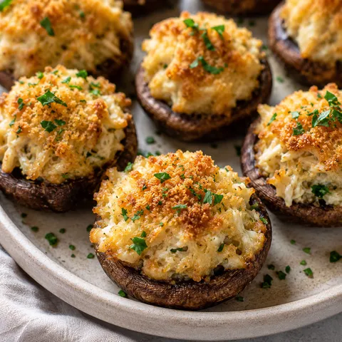 Baked crab stuffed mushrooms with golden breadcrumb topping and parsley