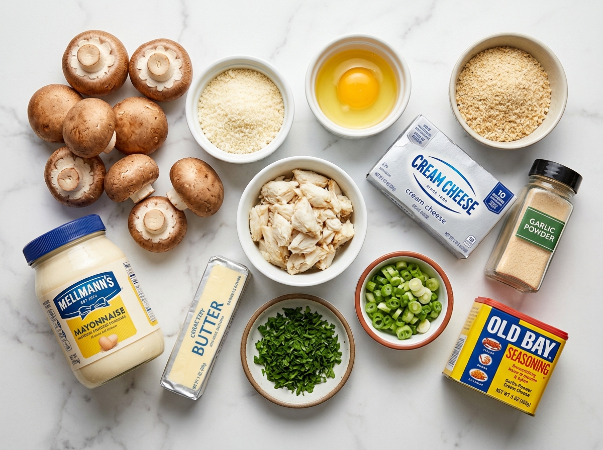 Raw ingredients for crab stuffed mushrooms on a marble counter