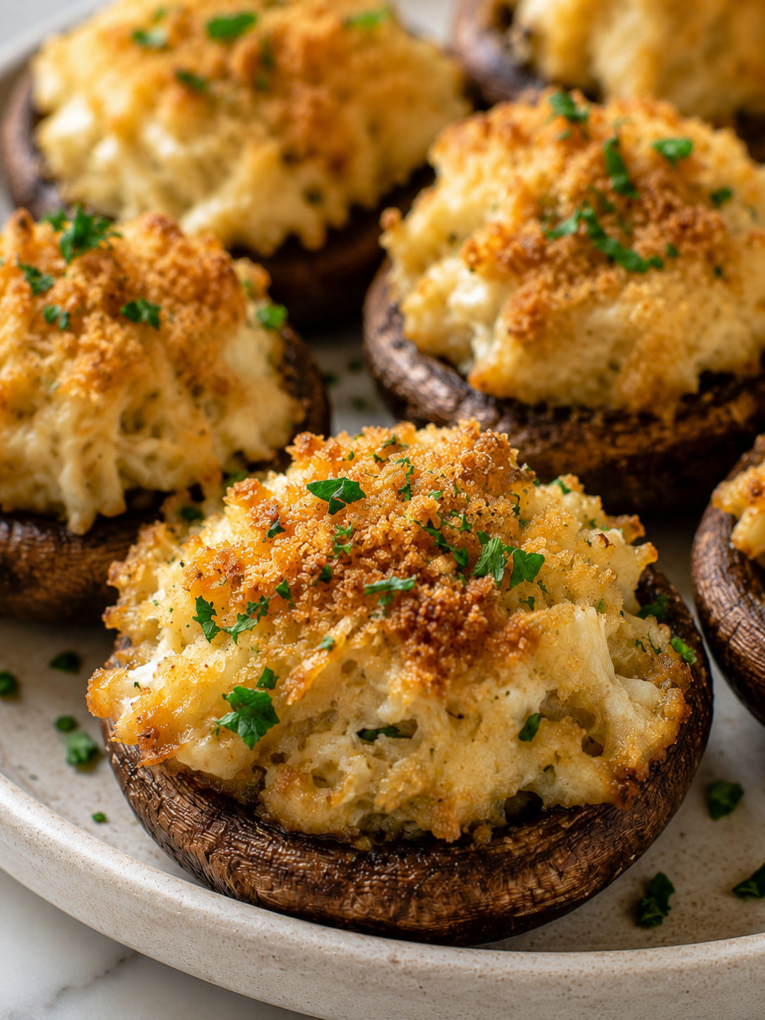 Delicious Crab Stuffed Mushrooms, plated and served