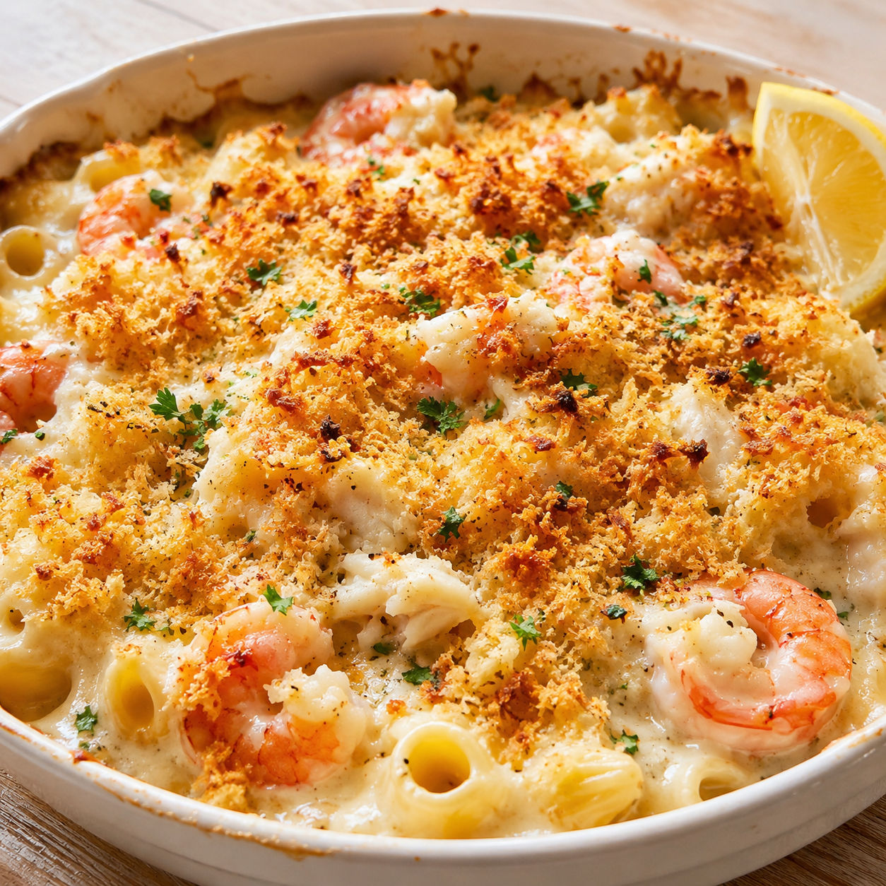 Creamy crab and shrimp casserole with golden crumbs and parsley
