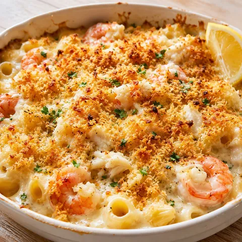 Creamy crab and shrimp casserole with golden crumbs and parsley
