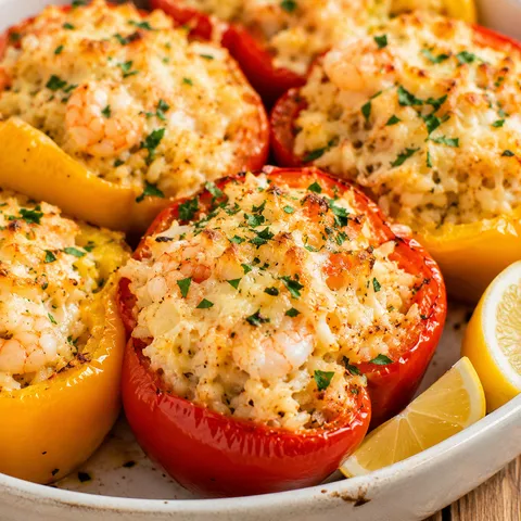 Crab and shrimp stuffed bell peppers with melted cheese and parsley