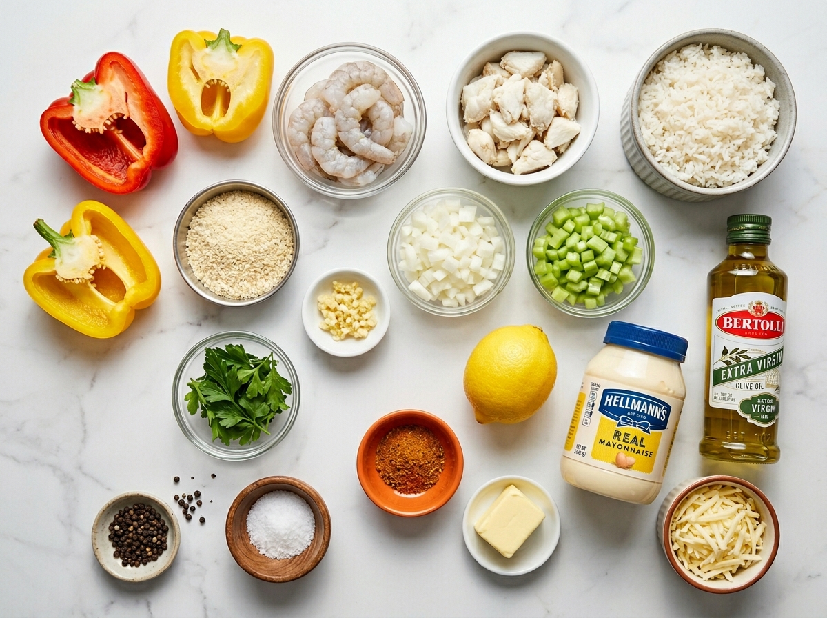 Ingredients for crab and shrimp stuffed bell peppers on a wood surface