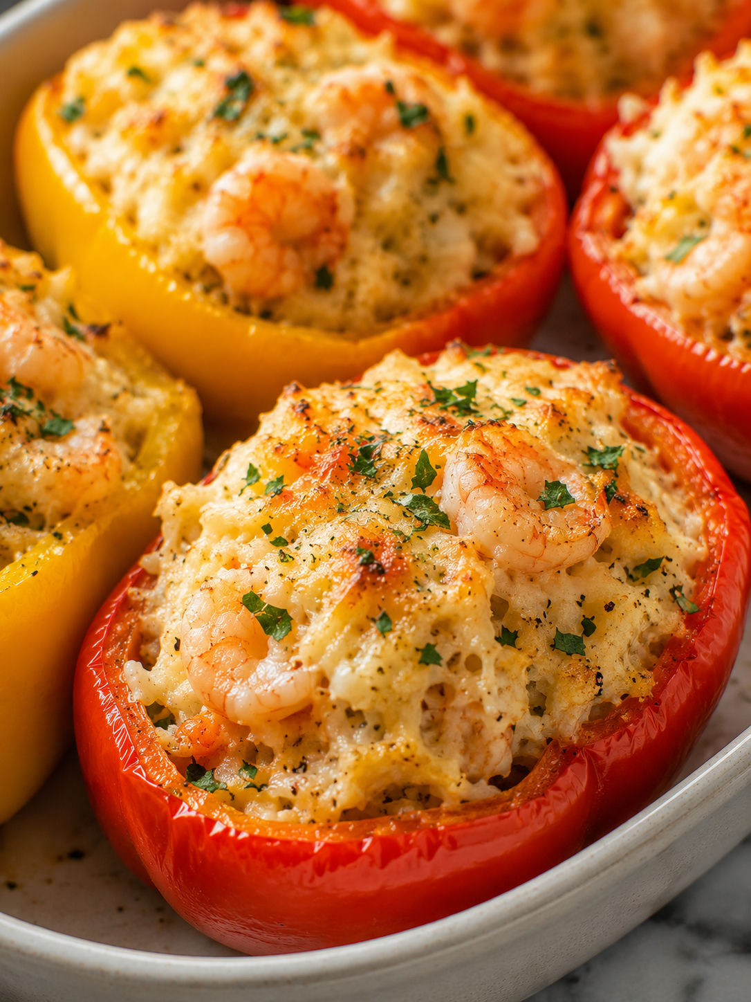 Delicious Crab and Shrimp Stuffed Bell Peppers, plated and served