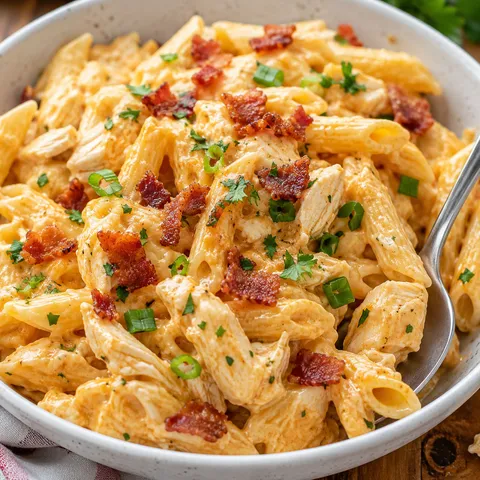 Creamy crack chicken penne with bacon, cheddar, parsley, and green onions