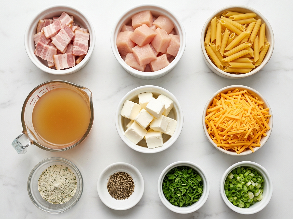 Ingredients for crack chicken penne with bacon, chicken, pasta, cheese, and ranch