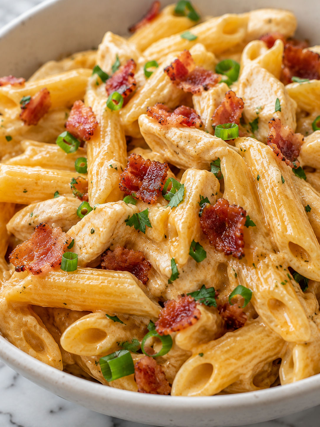 Delicious Crack Chicken Penne, plated and served