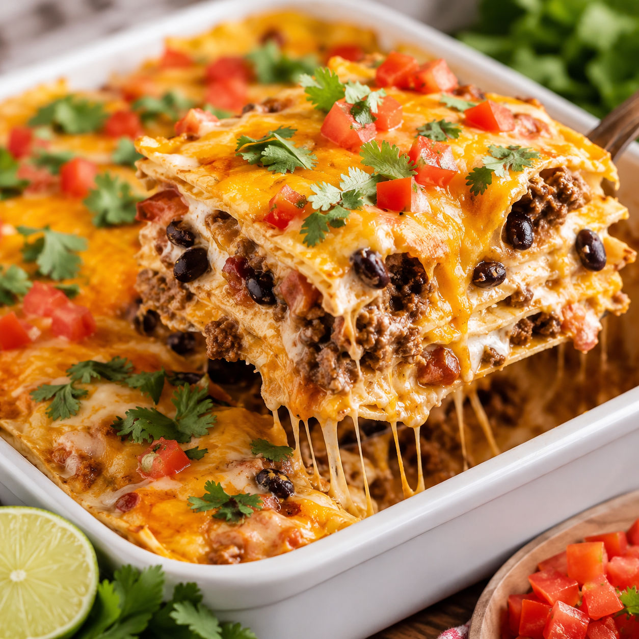Creamy burrito casserole with melted cheese, cilantro, tomatoes, and lime