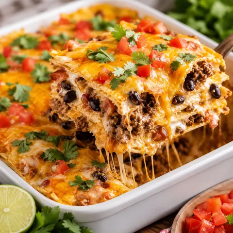 Creamy burrito casserole with melted cheese, cilantro, tomatoes, and lime