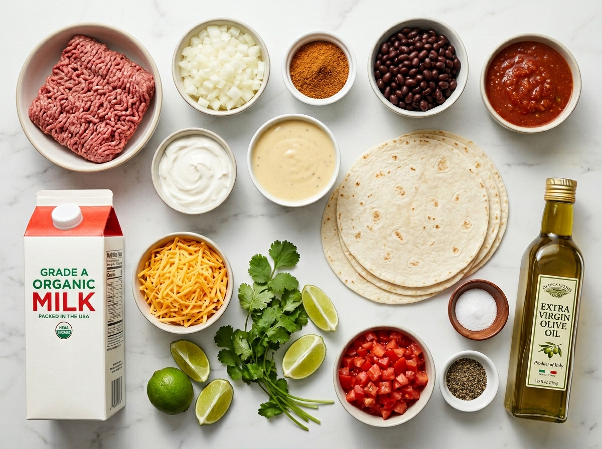 Ingredients for creamy burrito casserole with beef, tortillas, beans, and cheese