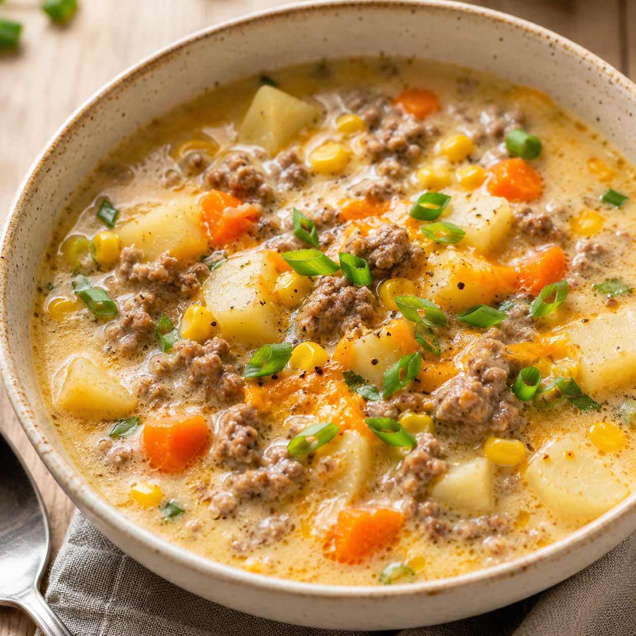 Creamy hamburger potato soup with beef, potatoes, cheddar, and green onion