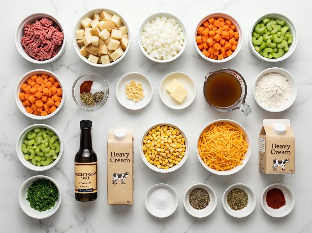 Ingredients for creamy hamburger potato soup on a wooden counter