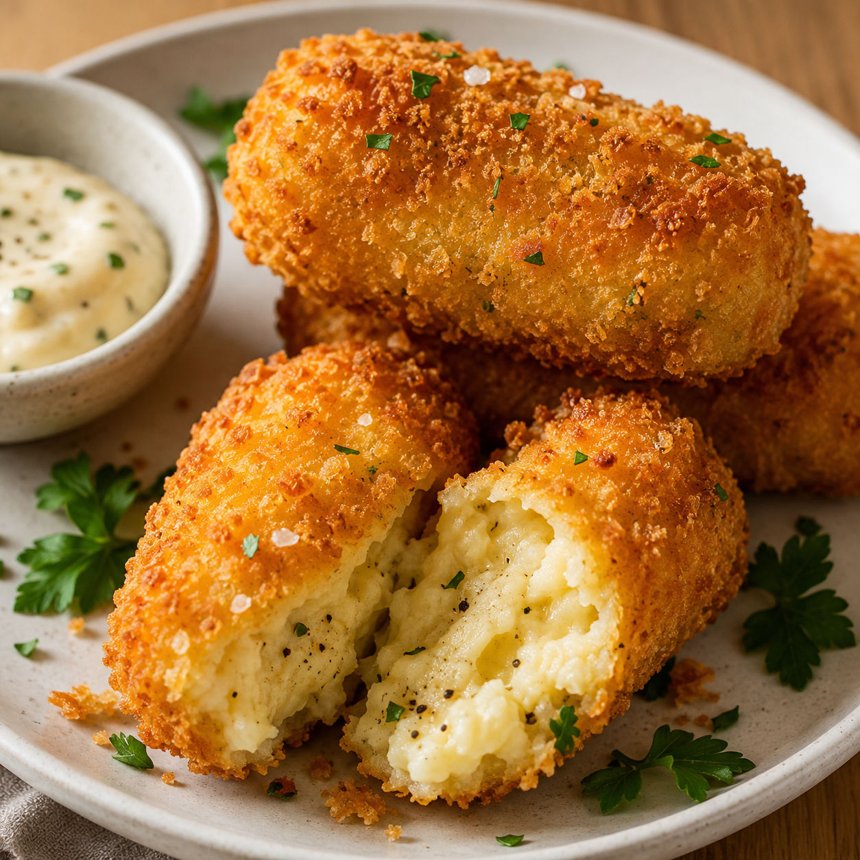 Golden crispy potato croquettes on a white plate with garlic aioli and parsley