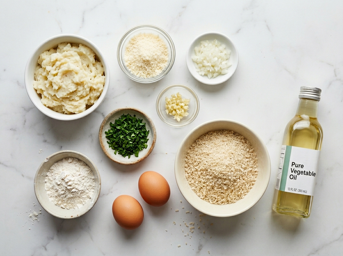 Raw ingredients for potato croquettes including mashed potatoes, parmesan, and panko