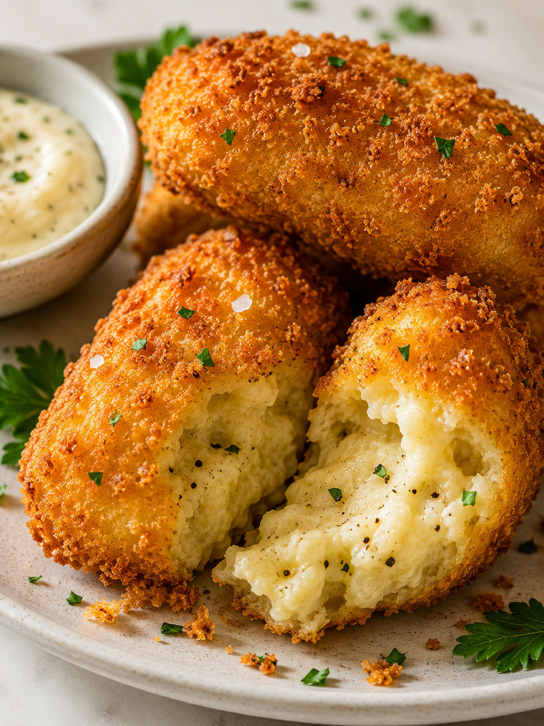 Delicious Crispy Potato Croquettes, plated and served