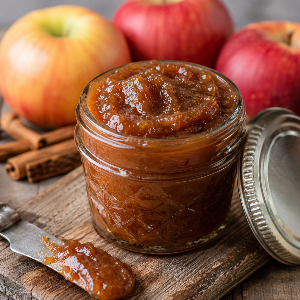 Thick crockpot apple butter in a mason jar with a knife on a wooden board