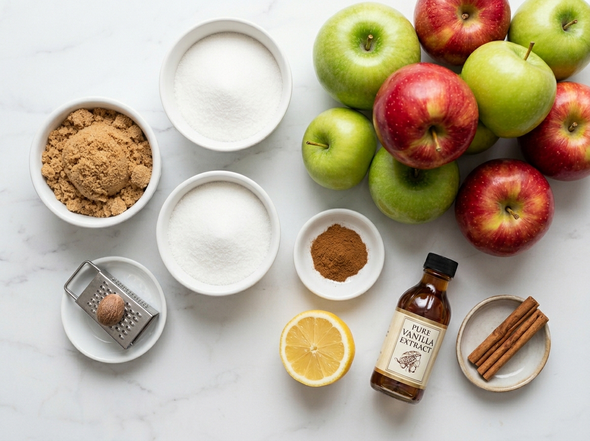 Mixed apples, sugars, cinnamon, nutmeg, lemon, and vanilla for apple butter