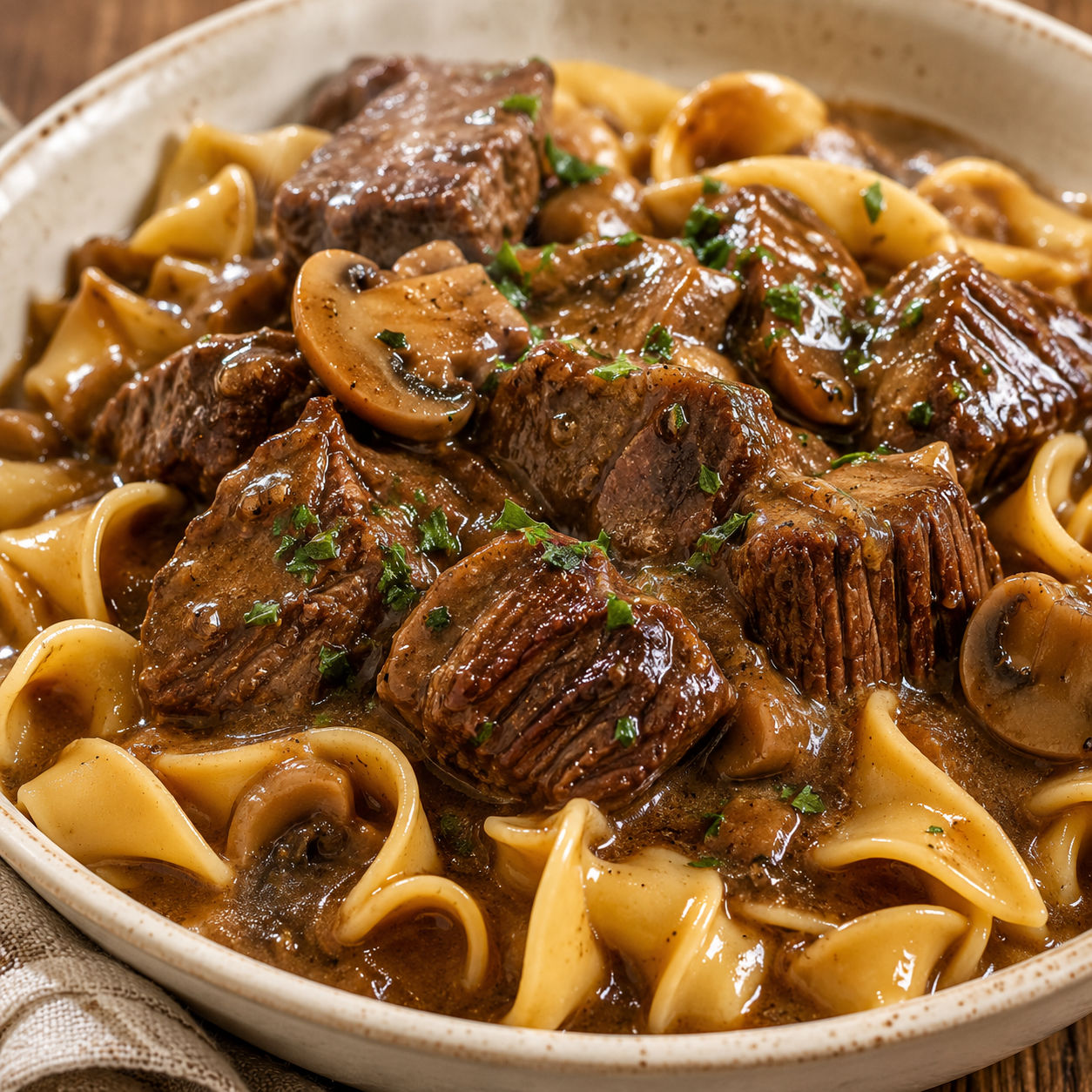 Crockpot beef tips and gravy over egg noodles with parsley