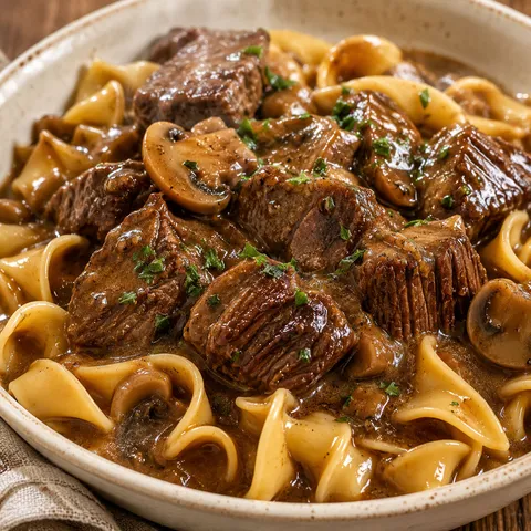 Crockpot beef tips and gravy over egg noodles with parsley