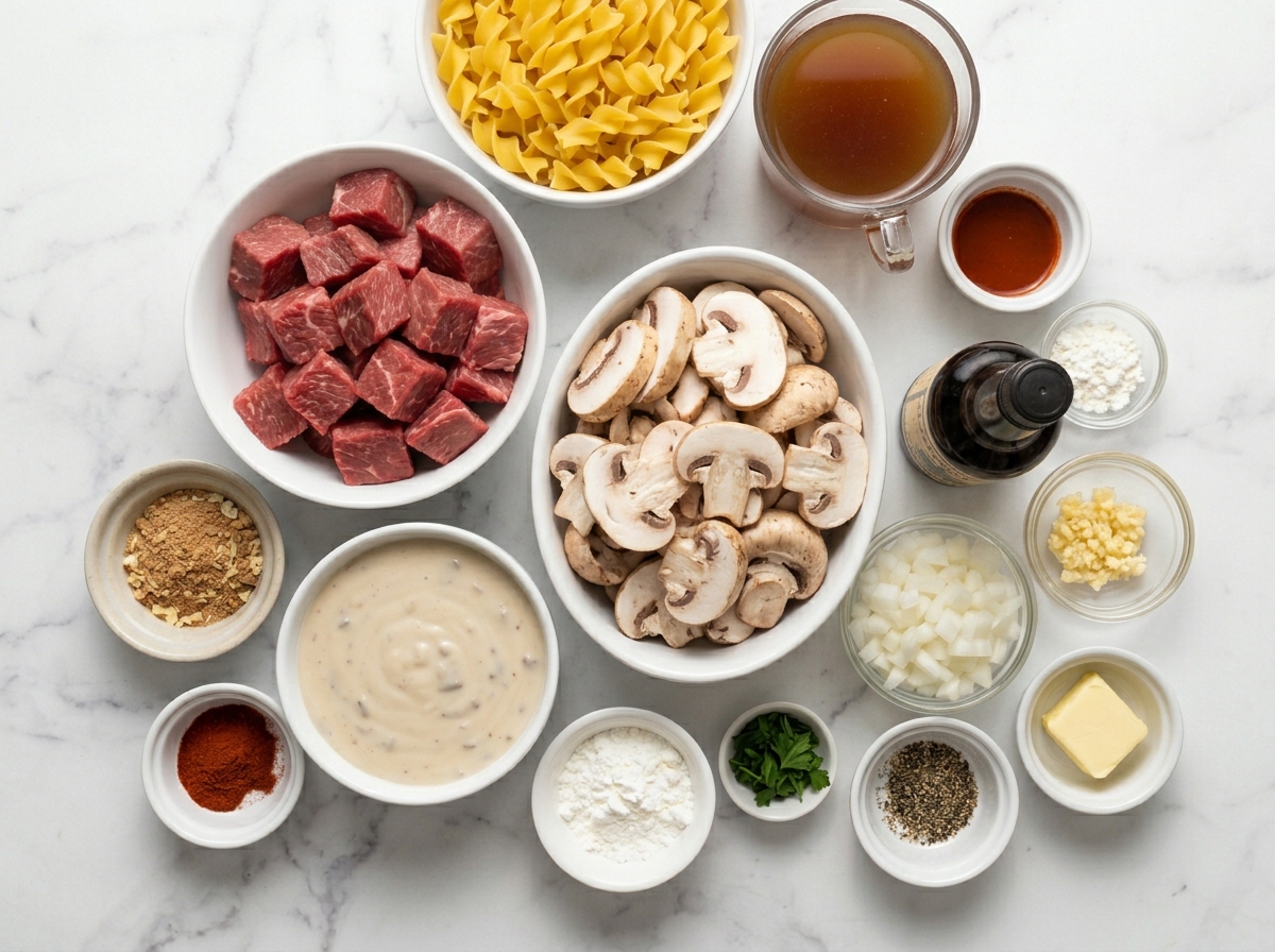 Raw beef, egg noodles, mushrooms, onion, broth, and gravy ingredients