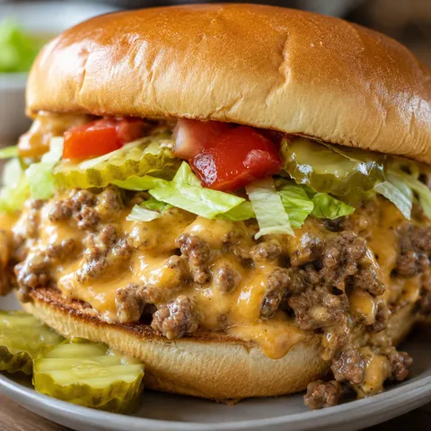Crockpot cheeseburger sandwich with cheesy beef, pickles, lettuce, and tomato
