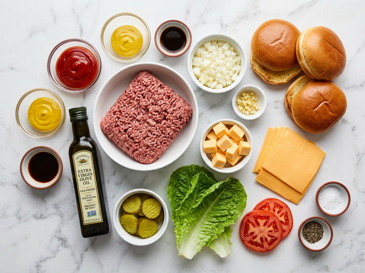 Ingredients for crockpot cheeseburgers with beef, cheese, buns, and pickles