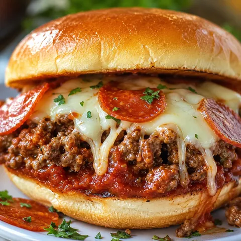 Saucy crockpot pizza burger with pepperoni and melted mozzarella on a bun