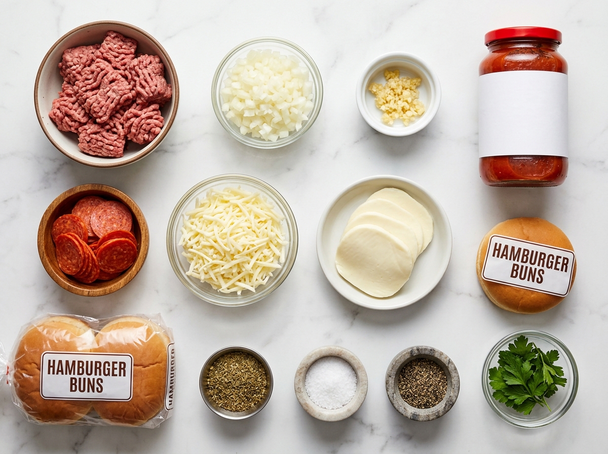 Ingredients for crockpot pizza burgers with beef, pepperoni, sauce, cheese, and buns