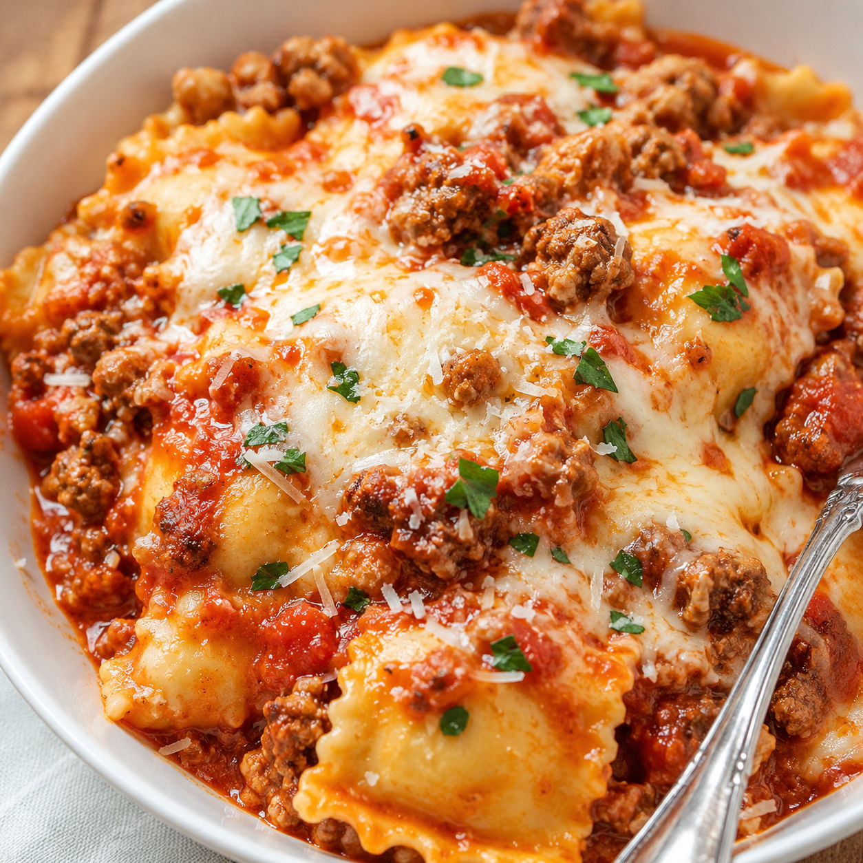 Crockpot ravioli lasagna with meat sauce, melted mozzarella, and parsley