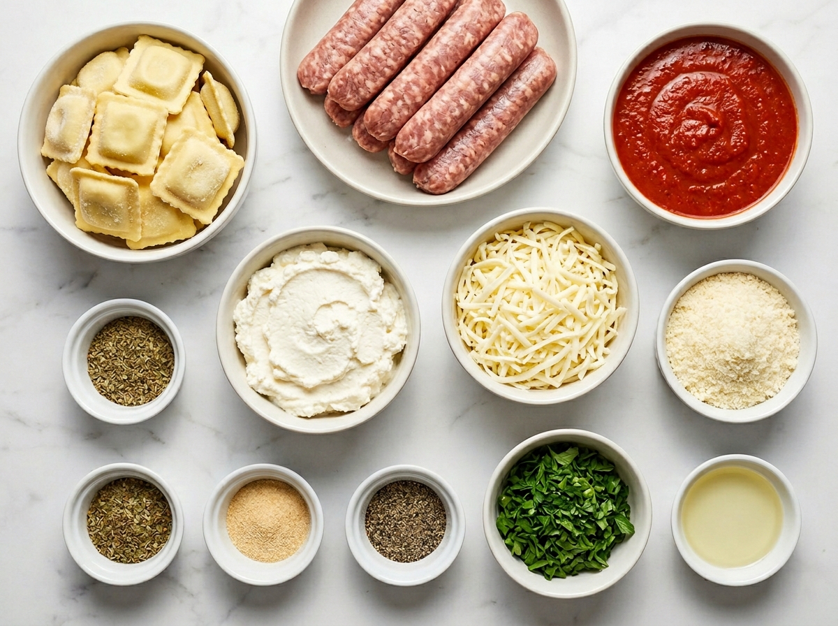 Ingredients for crockpot ravioli lasagna with sausage, sauce, and cheeses