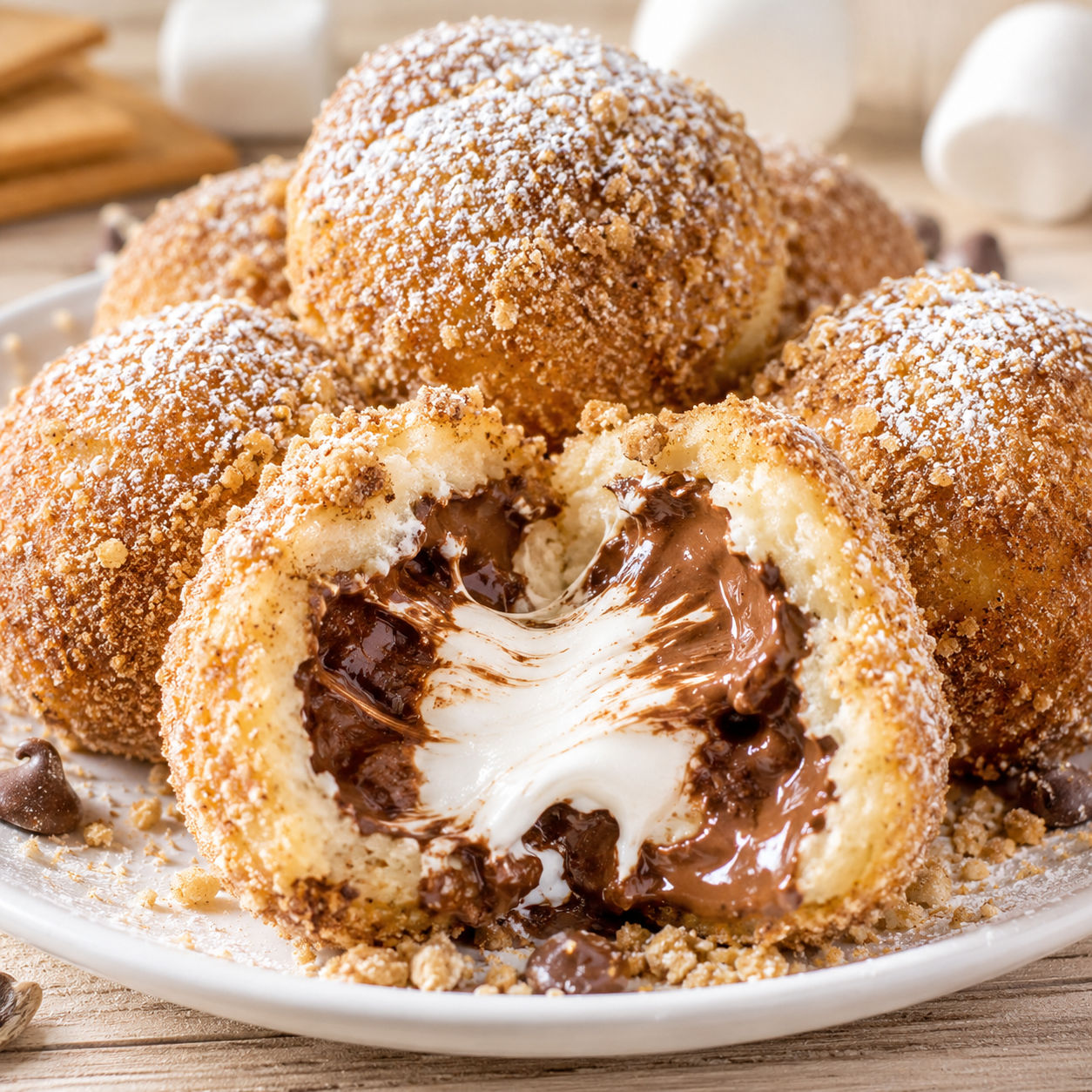 Fried s'mores bombs with melted chocolate and marshmallow center