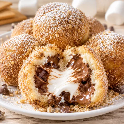 Fried s'mores bombs with melted chocolate and marshmallow center