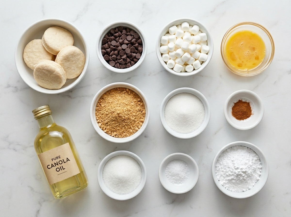 Ingredients for fried s'mores bombs with biscuit dough and marshmallows