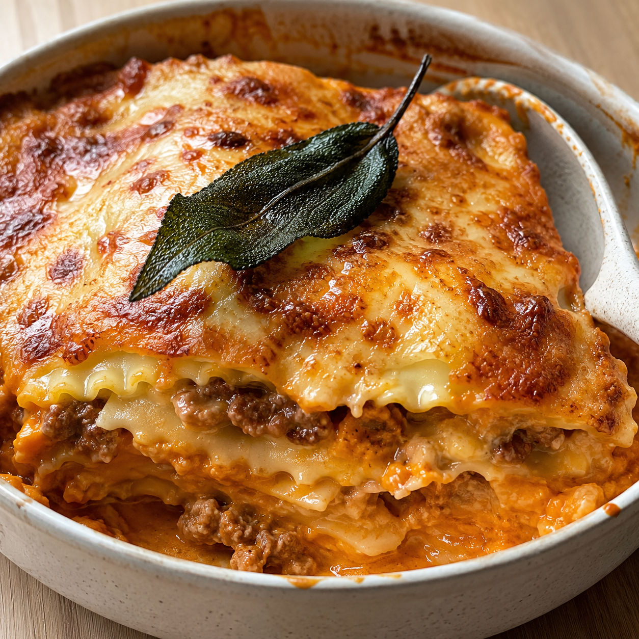 Baked fall ravioli lasagna with melted mozzarella and sage