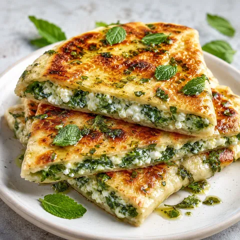 Feta spinach mint flatbreads with golden edges and creamy filling