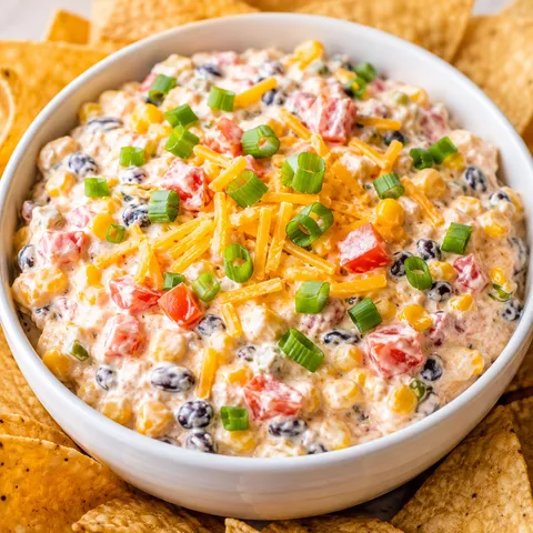 Creamy fiesta ranch dip with corn, beans, and cheddar in a white bowl surrounded by tortilla chips