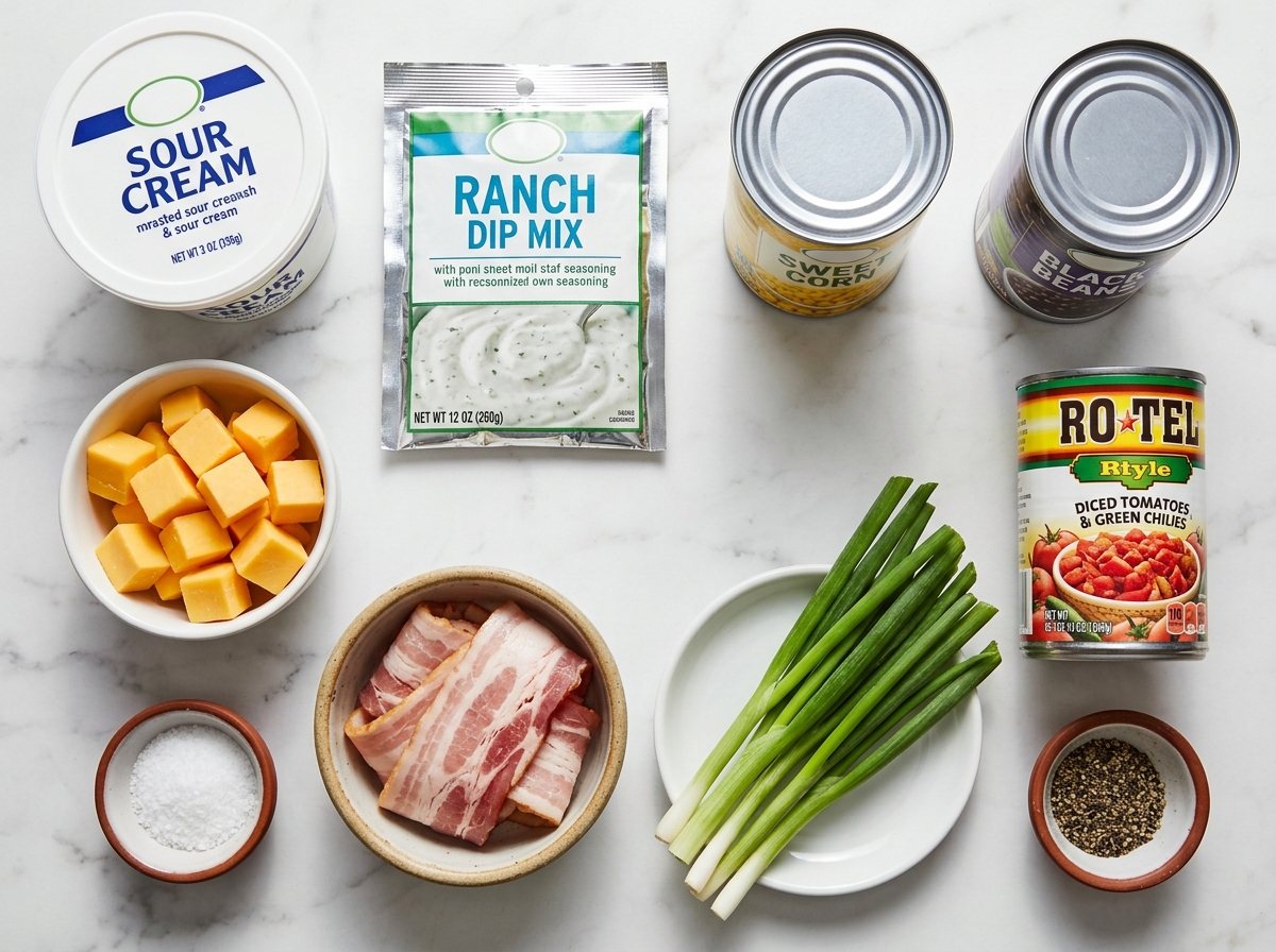 Raw ingredients for fiesta ranch dip including sour cream, corn, beans, Rotel, and cheddar