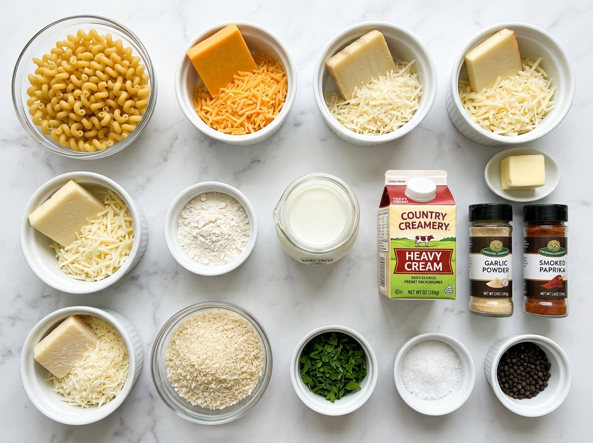 Ingredients for five-cheese mac and cheese with pasta and cheeses