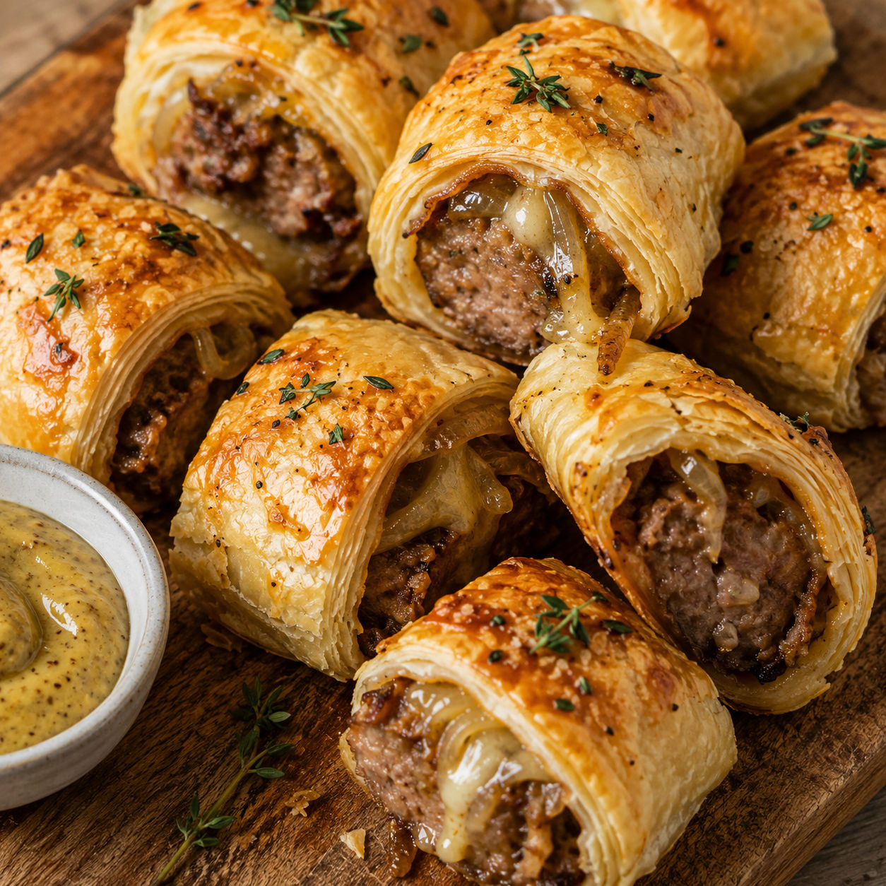 French onion sausage rolls with Gruyere and thyme on a wooden board