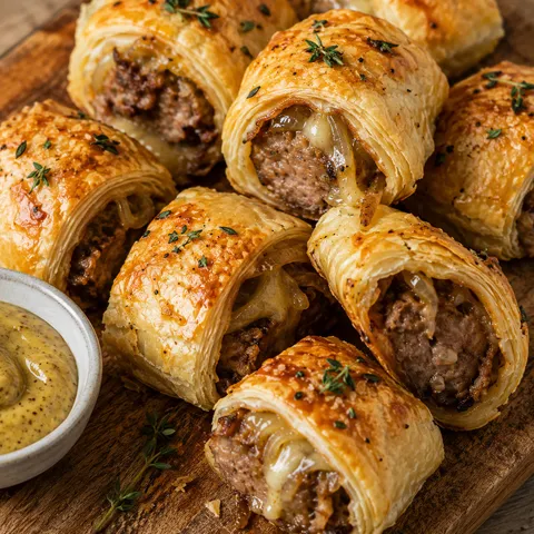 French onion sausage rolls with Gruyere and thyme on a wooden board
