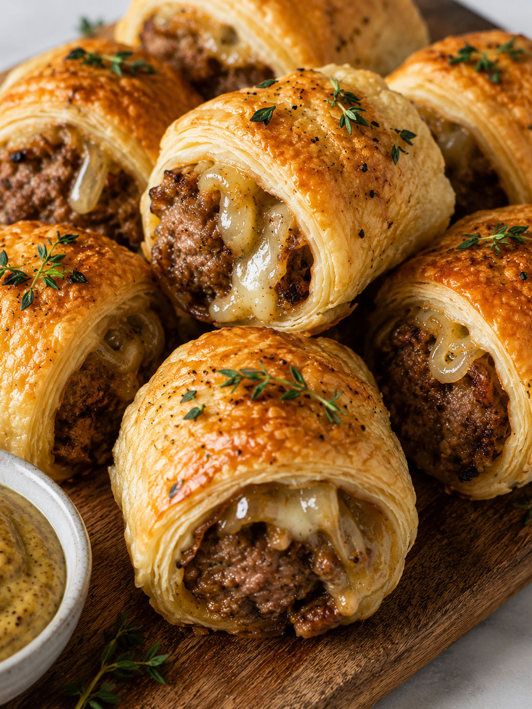 Delicious French Onion Sausage Rolls, plated and served