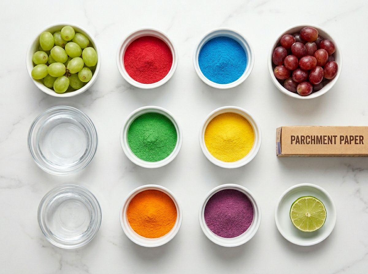 Grapes, colorful gelatin powder, lime, water, and baking tray